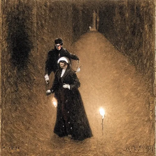 Image similar to young victorian man and woman traversing a dark stone maze, holding torches, hiding, fleeing, painted by alfred stevens