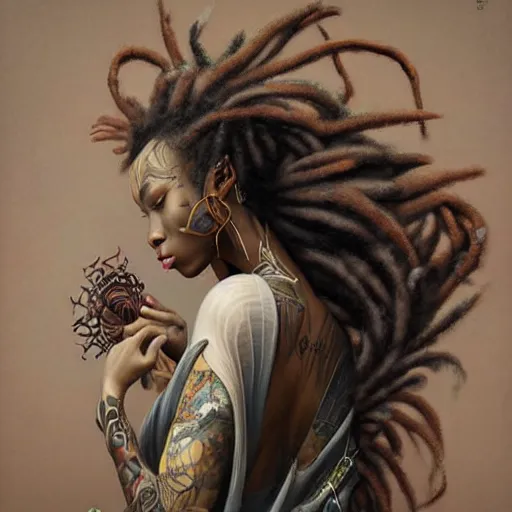 Image similar to pretty black woman with dreadlocks and tattoos, wearing a kimono, ultrarealistic,, in the style of peter mohrbacher by weta digital and beth cavener, intricate, masterpiece, award winning, intricate