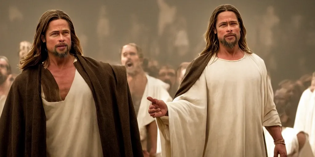 Prompt: Brad Pitt as Jesus Christ in 'Jesus Christ: The Musical' (2021), movie still frame