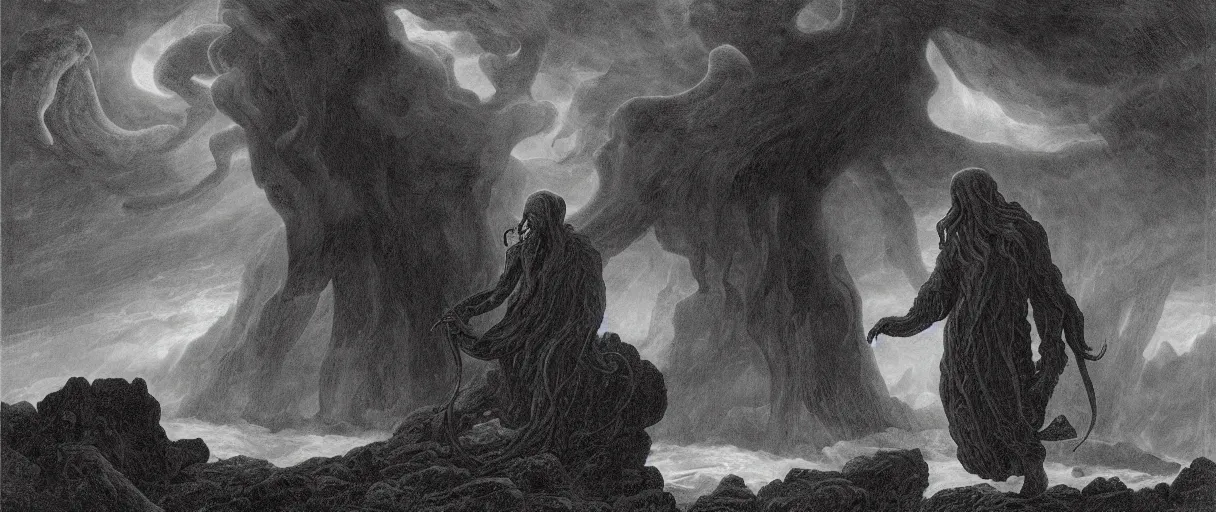 Prompt: an engraving portrait of cthulhu, caspar david friedrich, foggy, depth, strong shadows, stormclouds, illuminated focal point, highly detailed