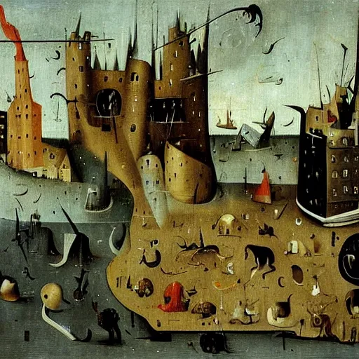 Prompt: oil painting by hieronymous bosch of a cat destroying a city.