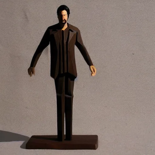 Prompt: a wooden sculpture of keanu reaves in the matrix