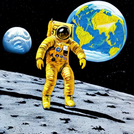 Image similar to painting of astronauts walking on the moon with the earth in the background, in the style of howard finster