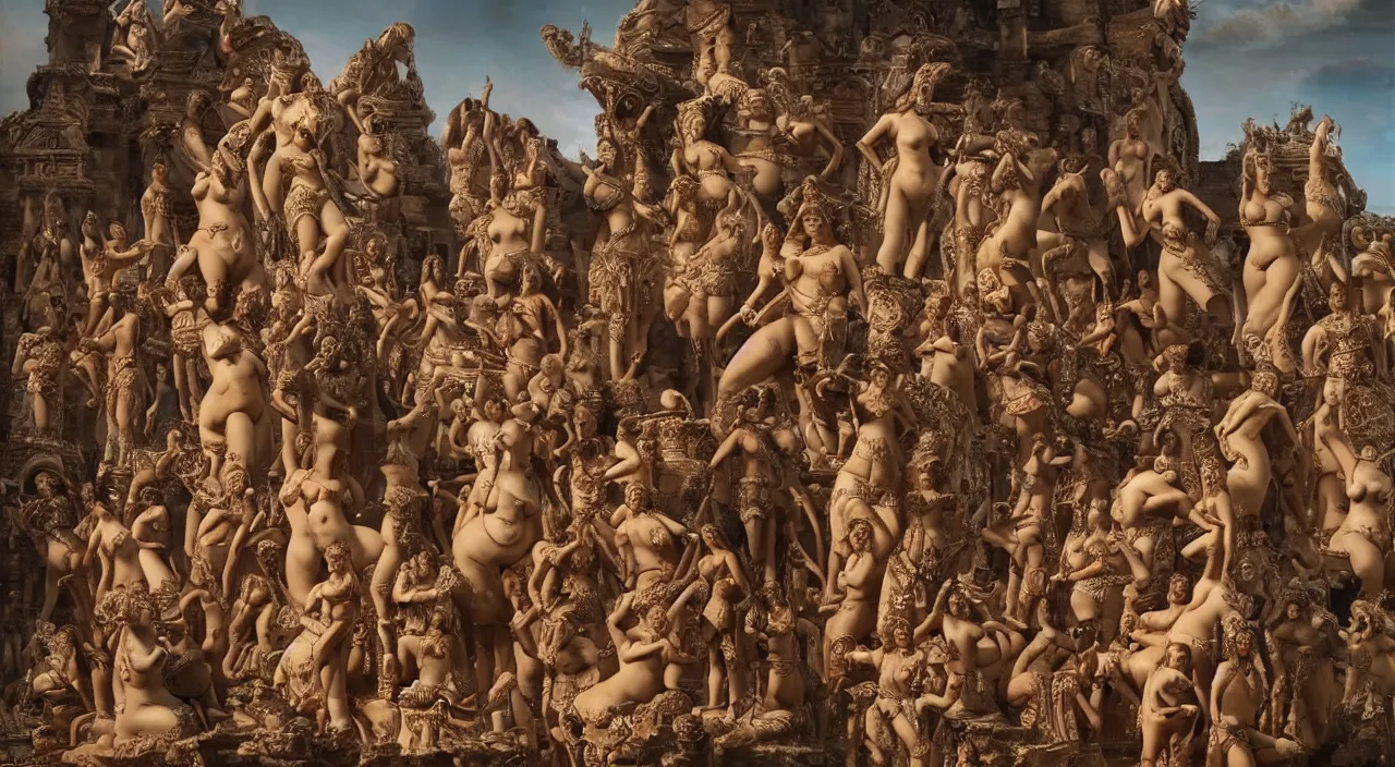 Prompt: “ lots of giant women body sculptures in kamasutra poses creating a rare city at the kingdom of julius caesar, roman historic works, hyper - detailed, artstation trending, world renowned artists, historic artworks society, antique renewel, good contrast, realistic color, cgsociety, by greg rutkowski, gustave dore, deviantart ”