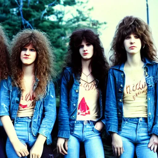 Image similar to group of 1 9 - year - old girls with shaggy wavy hair, wearing double denim, proto - metal band promo, heavy rock band promo photo, 1 9 7 5 photo