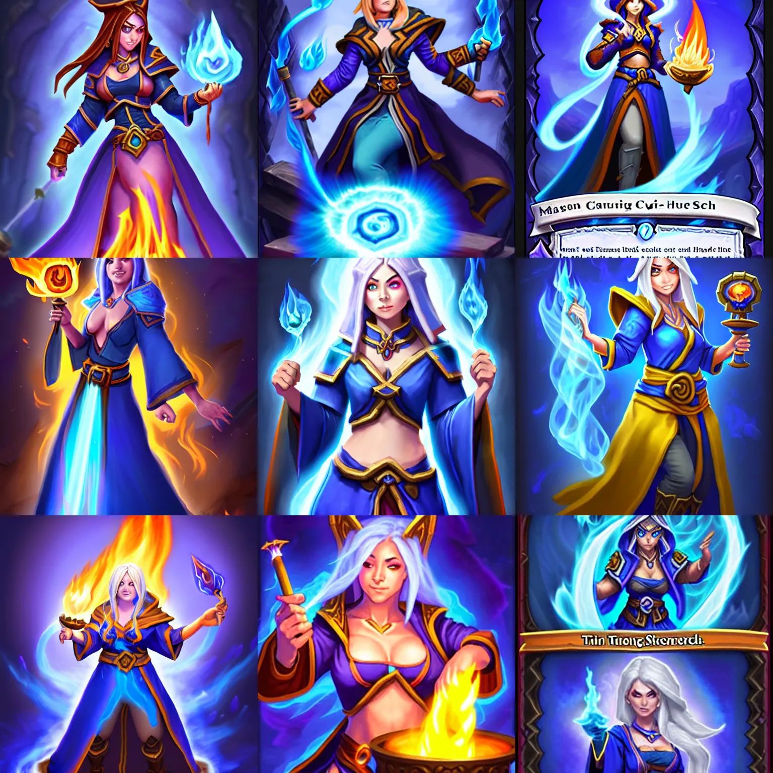 Prompt: a female mage with a blue robe and casting a fire spell, Hearthstone official splash art. Insist on tinyest midriff ever, largest haunches ever and fullest body. Small head, SFW, SFW, perfect master piece, award winning