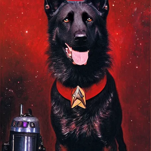 Image similar to a portrait of a black german shepard dogman canine with human eyes smiling holding a phaser star trek captain red shirt. highly detailed painting by gaston bussiere craig mullins jc leyendecker gustav klimt artgerm greg rutkowski