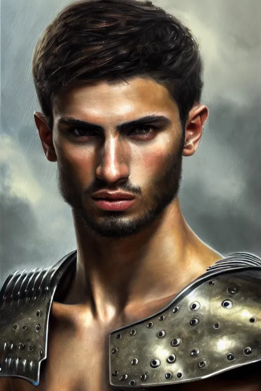 Image similar to a photorealistically painted portrait of a rugged young man, partially clothed in metal-plated battle armor, with an abstractly painted background, flawless olive skin, fair complexion, long dark hair, beautiful bone structure, perfectly symmetric facial features, perfect photorealistic eyes, natural physique, intricate, elegant, digital painting, concept art, finely detailed, beautifully illustrated, sharp focus, minimal artifacts, volumetric lighting, from DOOM and Halo, by Ruan Jia and Mandy Jurgens and Artgerm and William-Adolphe Bouguerea, in the style of Greg Rutkowski, trending on Artstation, award winning art