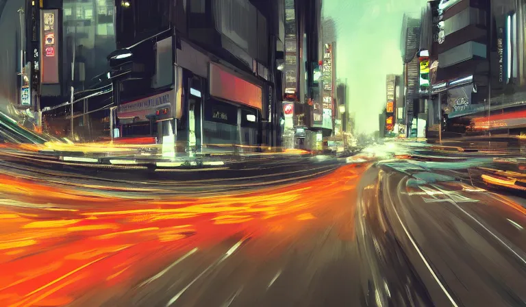 Prompt: wideshot of a car driving in tokyo at night, highly detailed, 4k, deviantart, artstation