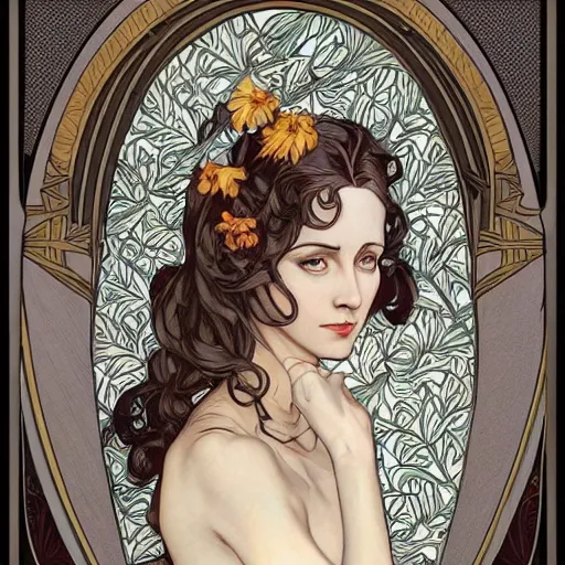 Prompt: an art nouveau illustration in the style of mort kunstler, and in the style of charlie bowater, and in the style of alphonse mucha. floral patterns. symmetry, smooth, sharp focus, semi - realism, intricate detail.