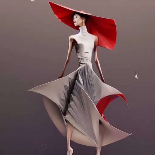 Prompt: 3 / 4 view of a beautiful girl wearing an origami dress, eye - level medium shot, elegant, by eiko ishioka, givenchy, by peter mohrbacher, centered, fresh colors, dance, origami, fashion, detailed illustration, vogue, high depth of field, japanese, reallusion character creator