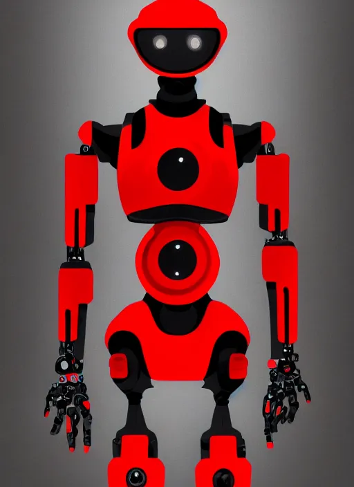 Image similar to a robot wearing a black grey and red outfit, full body shot, highly detailed, digital painting, artstation, concept art, smooth, sharp focus, illustration