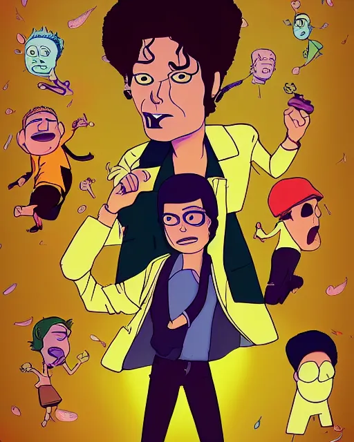 Image similar to portrait of michael jackson in the style of justin roiland. cinematic lighting. style of rick & morty. photographic, photography. by justin roiland