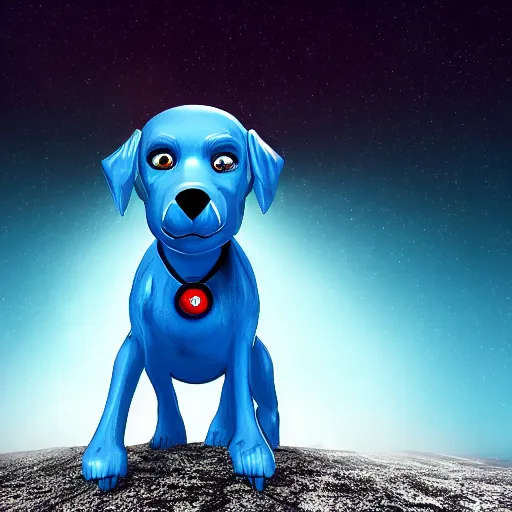 Prompt: a realistic blue dog superhero with glowing eyes, abandoned planet background,dog floating in air