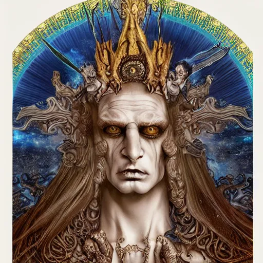 Image similar to portrait of hades king of the underworld made with porcelain by Jeff Easley and Peter Elson + beautiful eyes, beautiful face + symmetry face + border and embellishments inspiried by alphonse mucha, fractals in the background, galaxy + baroque, gothic, surreal + highly detailed, intricate complexity, epic composition, magical atmosphere + masterpiece, award winning + trending on artstation