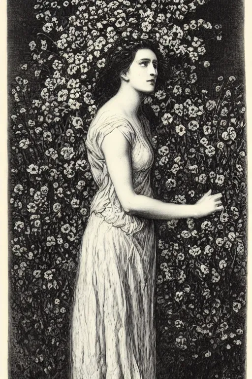 Image similar to black and white, woman in flowers, Gustave Dore lithography