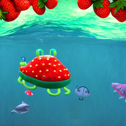 Prompt: strawberry submarine, making loopings under the ocean