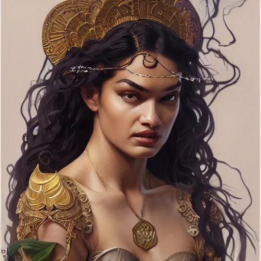 Prompt: Shanina Shaik as Medusa, greek goddess, intricate, elegant, highly detailed, digital painting, artstation, concept art, smooth, sharp focus, illustration, art by artgerm and greg rutkowski and alphonse mucha