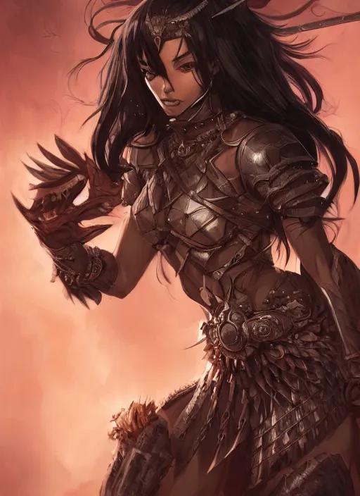 Image similar to beautiful warrior lady, black long hair, practical armor, brown skin, demonic eyes, low fantasy, extremely detailed, sharp focus, smooth, digital illustration, by rossdraws, frank franzzeta, sakimichan