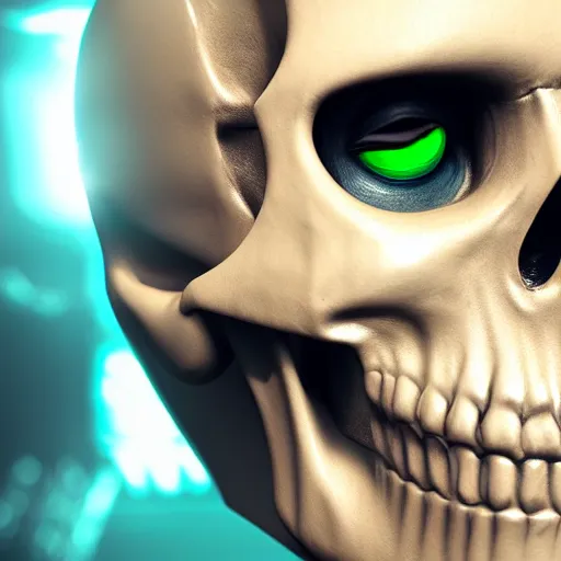 Prompt: ultra realistic Skull with Cyborg Implants and Green eyes scanning space for Sentient life