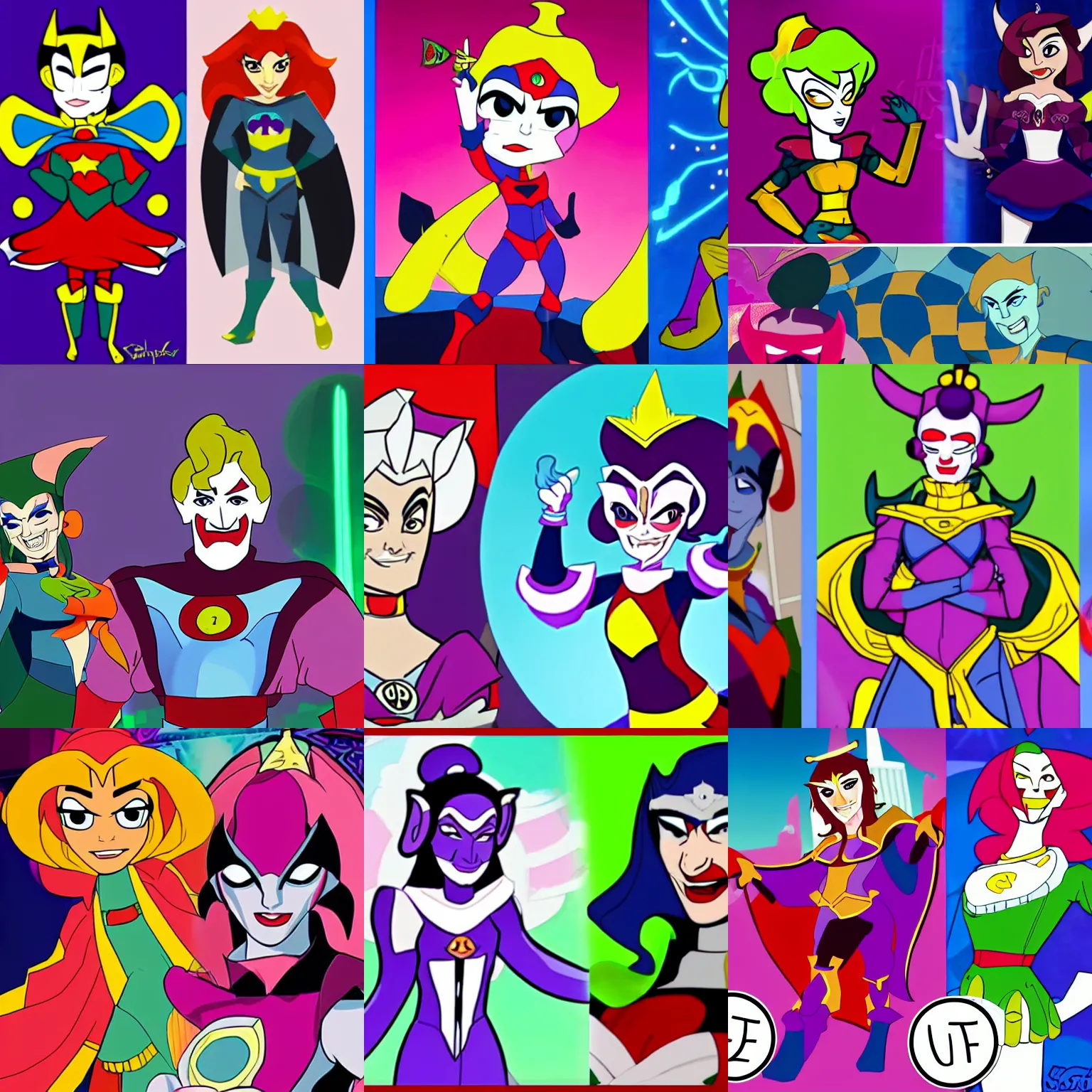 Prompt: a jester themed super villain who has vowed to force everyone to eat tofu and calls himself the toffool facing off against the hero of the city in the style of 2019 dc super hero girls by lauren faust on cartoon network