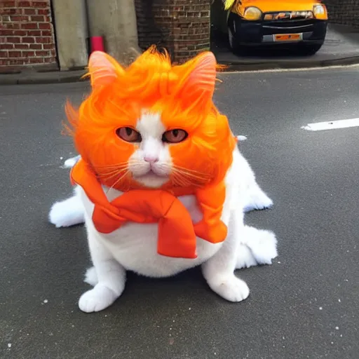 Prompt: fat cat wearing a orange wig selfie