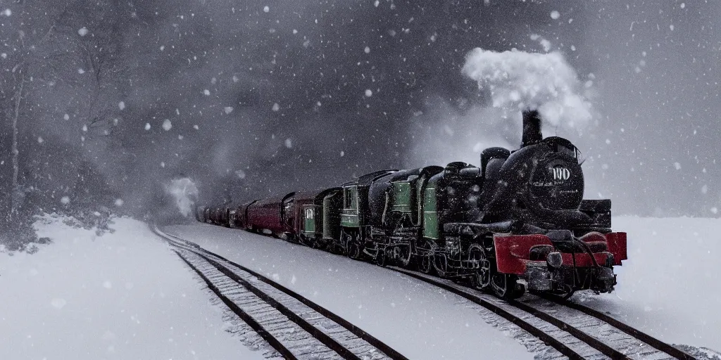 Image similar to a high detail photograph of a heavy steam train in the snow under a blizzard, realism, 4 k, award winning photograph, octane render, award winning photograph
