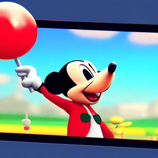 Image similar to mikey mouse with lollipops instead of ears meditating in a 3 d video game screenshot