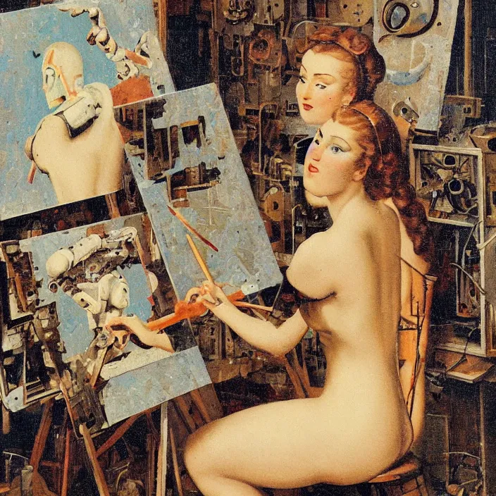 Prompt: robot artist painting a self - portrait on a canvas. intricate, highly detailed, digital matte painting, in the style of alexandros pyromallis, and in the style of hans thoma, and in the style of gil elvgren. irony, recursion, inspiration.