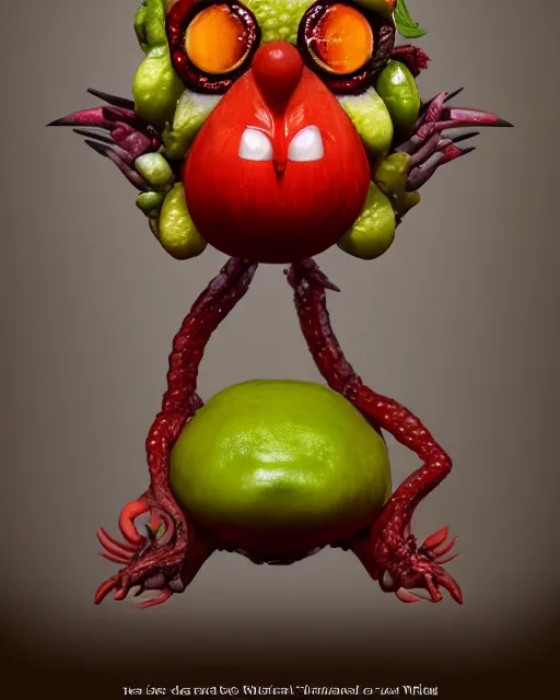 Image similar to a fruit figurine monster made of different fruit, very detailed eyes, very detailed mouth, concept art, oil painting, highly detailed, dramatic lighting, hyperrealistic, 8 k, artstation, cgsociety