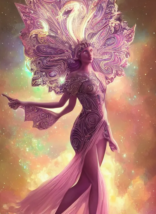 Image similar to a highly detailed illustration of elegant goddess wearing cosmic galxaxy patterned dress, elegant floating pose, beautiful detailed figure, nebula background, intricate, elegant, highly detailed, centered, digital painting, artstation, concept art, smooth, sharp focus, league of legends concept art, wlop