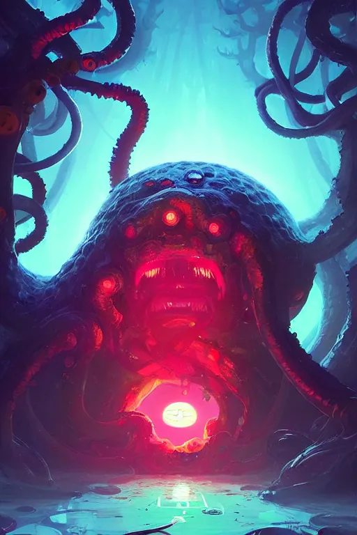 Image similar to Portrait of Black Hole Bodhisattva Kraken in neon forest, digital art from artstation by Andreas Rocha and Greg Rutkowski and Peter Mohrbacher