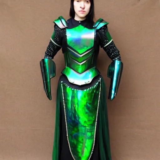 Prompt: iridescent, green mother of pearl and malachite art nouveau style full body female mail armor