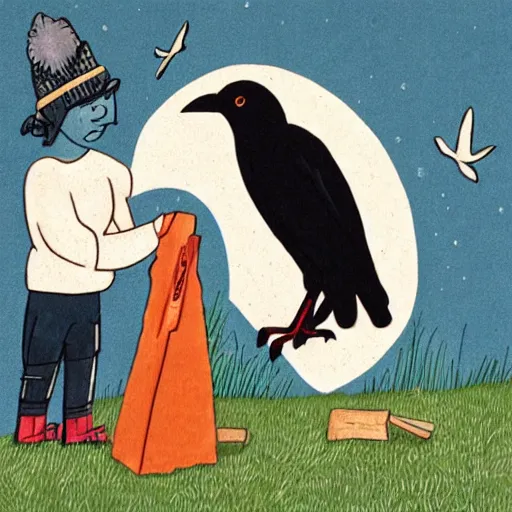 Prompt: a crow trying to grab a ram, children's book illustration, in the style of Andy Catling,