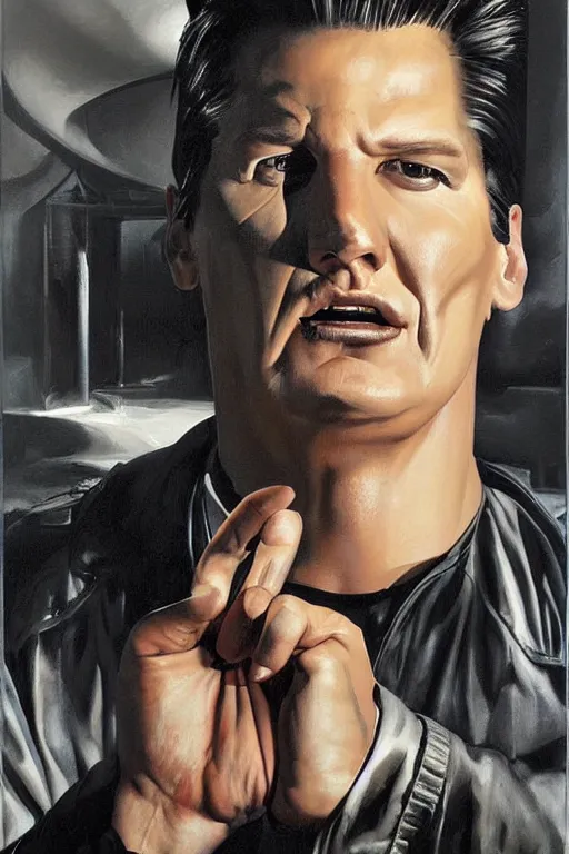 Image similar to expressive exaggerated portait painting of zak bagans by alex ross!!!, phil hale!!!!, visible brush strokes, graphic,'action lines '!!!!, striking, sharp, hd image