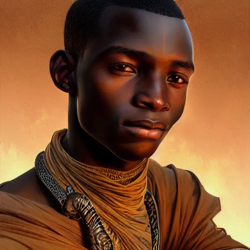 Image similar to illustration of a malian boy, d & d, fantasy, intricate, elegant, highly detailed, digital painting, artstation, concept art, smooth, sharp focus, illustration, art by artgerm and greg rutkowski and alphonse mucha