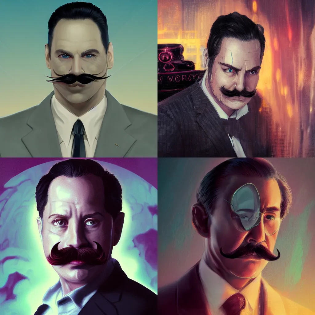 Prompt: headshot of sleaziest hollywood agent gary murdoch, handlebar mustache, bayard wu, greg rutkowski, giger, maxim verehin, vaporwave background