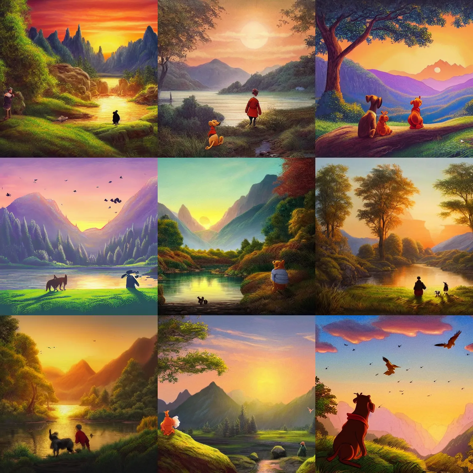 Prompt: A majestic landscape featuring a river, mountains and a forest. A group of birds is flying in the sky. There is an old man with a dog standing next to him. They are both staring at the sunset. Cinematic, very beautiful, painting in the style of Winnie the pooh