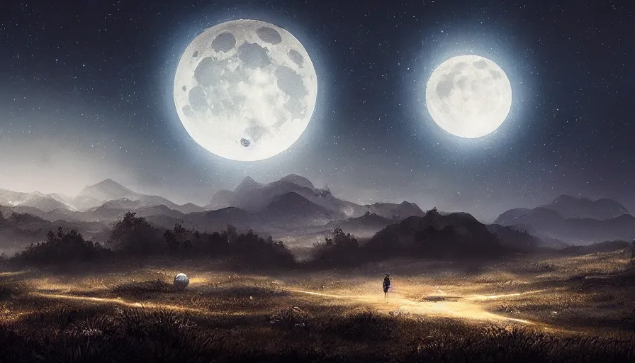 Image similar to a beautiful landscape at night, big moon on the right, stars in the sky, matte painting, dark blue tones, high contrast, intricate details, concept art, 4 k