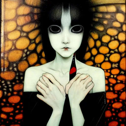 Image similar to yoshitaka amano blurred and dreamy realistic three quarter angle portrait of a young woman with black lipstick and black eyes wearing dress suit with tie, junji ito abstract patterns in the background, satoshi kon anime, noisy film grain effect, highly detailed, renaissance oil painting, weird portrait angle, blurred lost edges