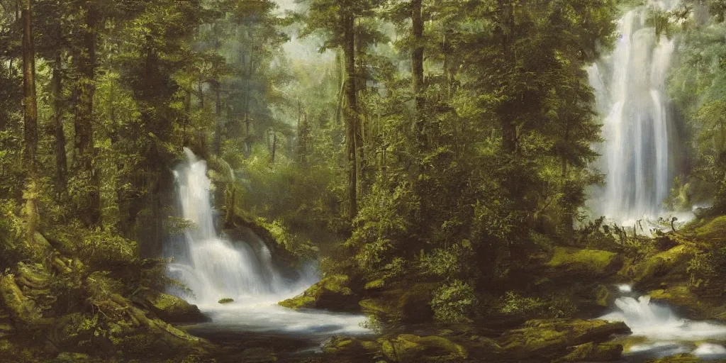 Image similar to A symmetrical oil painting of two waterfalls surrounded by a very dense forest