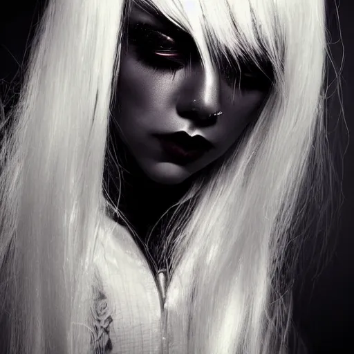 Image similar to modeling photograph kerli koiv as blind mag, blonde, beautiful, dark, mysterious, bubble goth, detailed symmetrical face, half body shot, fog dramatic, teen