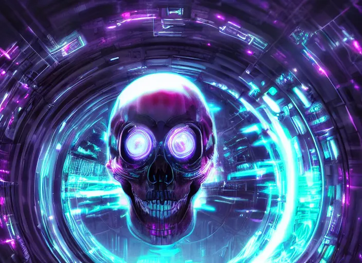 Prompt: a futuristic skull with glowing eyes and a wormhole tunnel, cyberpunk art by ross tran, behance contest winner, computer art, darksynth, synthwave, rendered in cinema 4 d