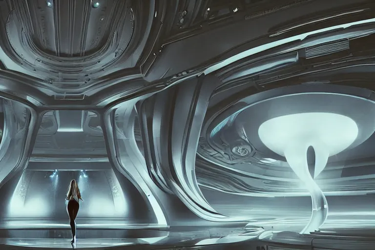 Image similar to vfx movie scene closeup portrait of beautiful blue skin fit alien gorgeous woman dancing in in yoga pants in sleek futuristic decadent spaceship pillars, alien antenna, futuristic ballroom. big eyes, soft skin, giant windows view of earth obit. by emmanuel lubezki