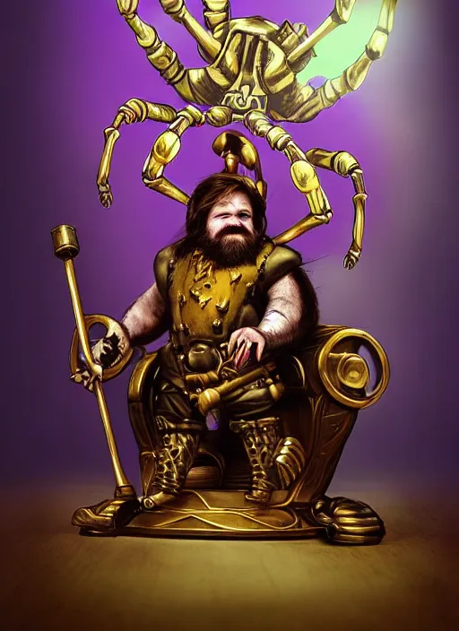 Image similar to dwarf fighter sitting in mechanical chair that has spider legs, gold and purple, exquisite details, black beard, white background, by studio muti