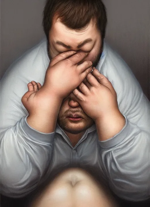 Prompt: insanely detailed chiaroscuro image of a sleepy - looking chubby casually - dressed programmer guy on his knees facing his glowing ultrawide monitor monitor begging it for forgiveness, oil on canvas, masterwork, fine detail, trending on artstation, emotive, insanely compelling, ryden, koons, moebius