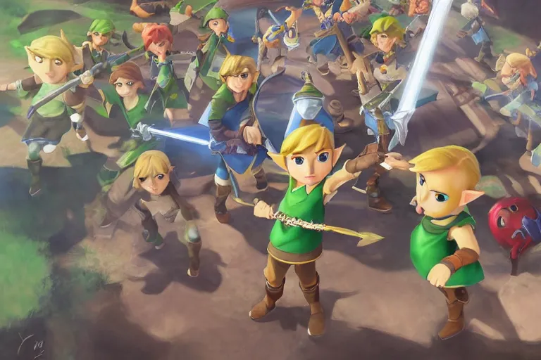 Image similar to surprised Link points at toon Link which points at young Link, all standing in a circle, made by Stanley Artgerm Lau, WLOP, Rossdraws, ArtStation, CGSociety, concept art, cgsociety, octane render, trending on artstation, artstationHD, artstationHQ, unreal engine, 4k, 8k,