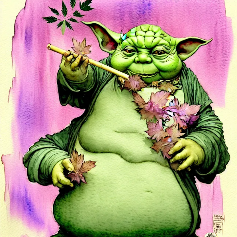 Image similar to a realistic and atmospheric watercolour fantasy character concept art portrait of a fat yoda with pink eyes smiling and holding a blunt with a pot leaf nearby, by rebecca guay, michael kaluta, charles vess and jean moebius giraud