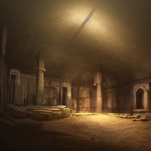 Prompt: underground cavernous necropolis with a lone beam of light illuminating it, digital painting, cinematic lighting, brown tint, gloomy, photorealistic