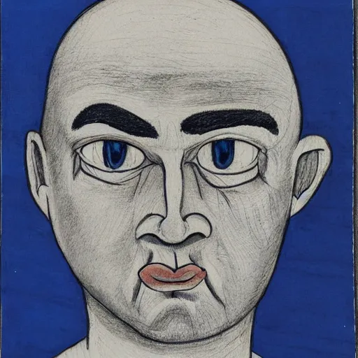 Image similar to portrait of bald short - bearded man with round face, small eyebrows, wide lips and kind blue eyes, minimalictic black and white art brut, ink, pencil